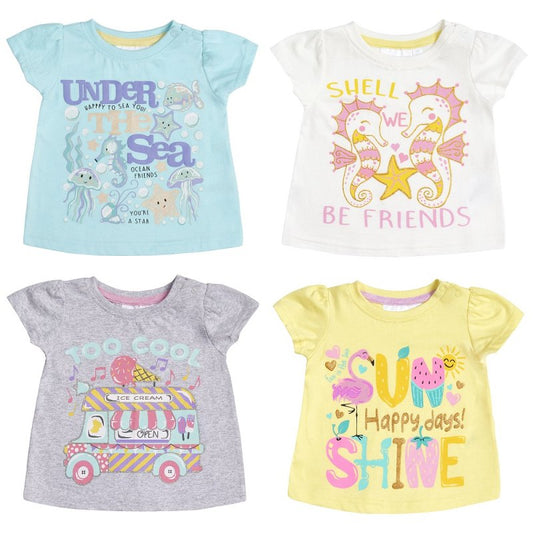 Baby Girls Printed T-shirt, Pack of 4, Size 3-24 Months, 100% Cotton.